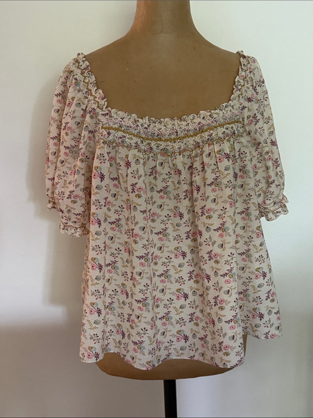 Doen Cream Floral Smocked Off-Shoulder Blouse with Pink & Green